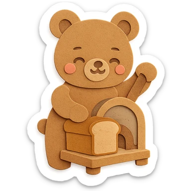 kawaii bread slicer bear slicing bread, happy soft eyes, warm tones, full-body sticker