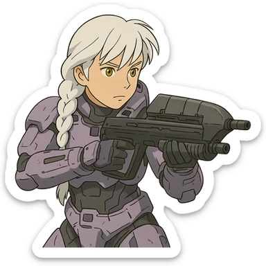 female, wearing reach spartan armor shoulder-unequip, long white braid hair with massive messy front side single bangs, gold yellow eyes, attention pose, HALO:series, no helmet, the armor is lavender color scheme, shoulder pad off. DDD bust size fitting. ,  aiming a classic HALO1 AR, tactical, lean sticker