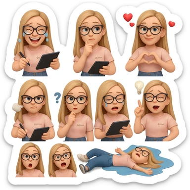 «Создай набор из 10 наклеек в стиле 3D cartoon  женского персонажа (30 лет выглядит моложе)  с прямыми светло русыми волосами ниже лопаток, светлой кожей, большими выразительными голубыми глазами, черные очки для зрения формы кошачий глаз, нос чуть с горбинкой.
Персонаж должен носить пастельную розово-бежевую тай дай футболку с вышивкой @ByUnicorn, голубые джинсы фасона мом, персонаж должен иметь разные выражения: смех до слез, задумчивость, влюбленность (с сердцами вокруг головы), улыбка и создает сердце руками, злость с паром из носа, растерянность (со знаком вопроса), наличие идеи (с зажженной лампочкой), плач со слезами из глаз, удивление с открытым ртом, лежит на спине раскинула руки и ноги в стороны в луже слез. Размер картинки не ограниченный, чтобы все наклейки вместились без обрезки. Стиль мультяшный  DreamWorks, мягкий свет, прозрачный фон, и добавь персонажу в руки графический планшет следи чтобы выглядело органично, красиво, не нарушая законы природы и физики, можешь добавить в другую руку перо от графического планшета, если это будет позволять смысл стикера» sticker