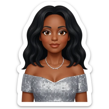 Diana Ross with brown eyes, long black hair, silver sequin off shoulder dress, silver necklace sticker