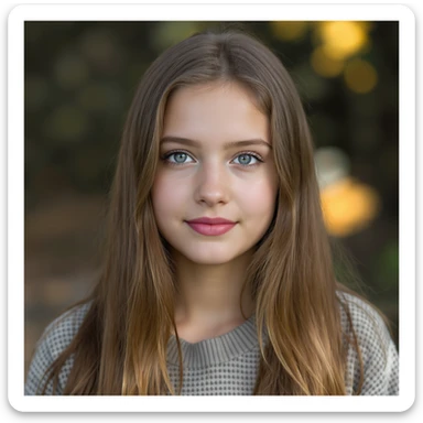 realistic portrait of a girl with long straight brunette hair and blue eyes, natural lighting, subtle expression, clean background sticker