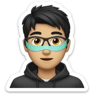 A boy with black hair and wearing a mask sticker