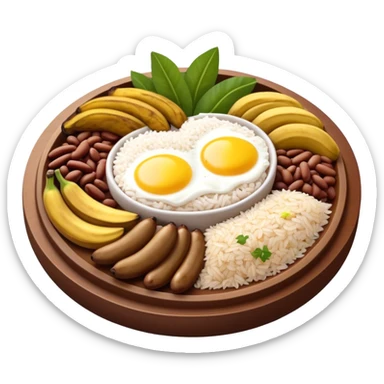 Cinematic Realistic Bandeja Paisa Dish Emoji, depicted as a hearty platter featuring beans, rice, meat, and plantains rendered with detailed textures and vibrant, robust lighting. sticker