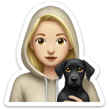 A blonde girl  with blues eyes, with smooth hair and a ray,she has light skin a few freckles, and she wear a hoodies and she Carries in his arms a black baby labrador dog  sticker