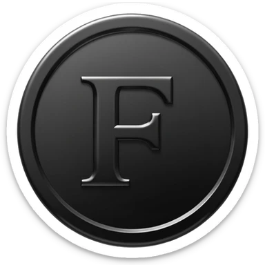 Emoji icon of a black coin with engraved letter F, minimalist style, isolated, only black color sticker