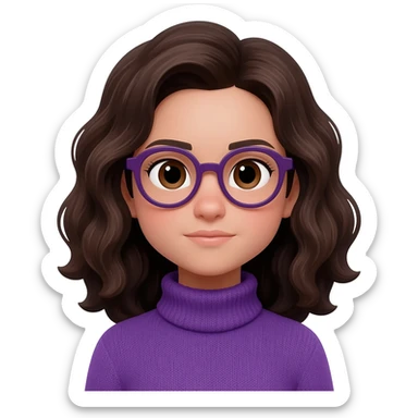 medium fair-skinned girl with brownish black eyes, roundish ovalish dark purple glasses, wavy dark brown hair, purple turtle neck sweater sticker