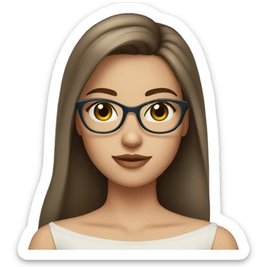 girl with brown hair in a side part, wearing off shoulder top, light coloured skin, greenish blue eyes, glasses sticker