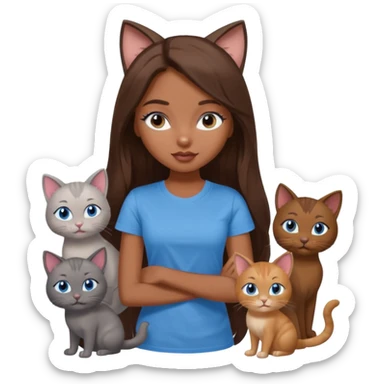 a pretty bratz dusky girl with long brown hair, blue eyes with six cats nd wearing a grey tshirt sticker