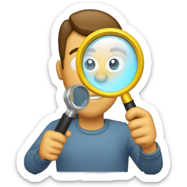 man holding a magnifying glass to read a computer monitor sticker