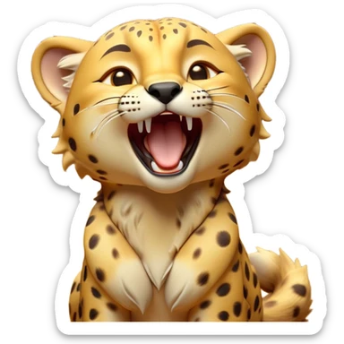 Cinematic Cute Yawning Cheetah Portrait Emoji, Head tilted slightly with a dramatic, wide-open yawn, showcasing a soft, sleek golden Fur with distinctive spots and floppy ears slightly drooping, round amber eyes barely open in drowsy contentment, Simplified yet irresistibly adorable features, highly detailed, glowing with a soft, cozy glow, high shine, relaxed yet expressive, stylized with a touch of savannah whimsy, bright and endearing, soft glowing outline, capturing the essence of a sleepy yet affectionate cheetah, so drowsy it feels like it could stretch right out of the screen and curl up for a nap! sticker