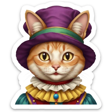 Renaissance painting style cat with clown makeup and attire sticker
