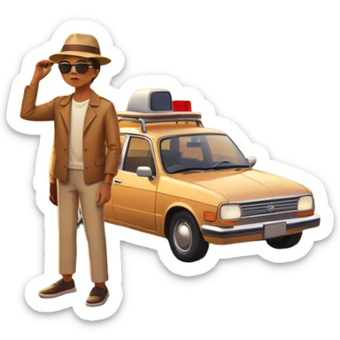 A parked car rests on the side of a long with a person outside , empty road stretching toward a golden sunset. The sky glows with warm colors, and the landscape ahead feels open, peaceful, and full of promise. sticker