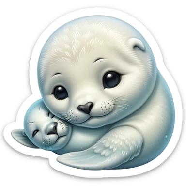 Beautiful and Majestic Baby Seal Portrait Emoji, Head and body resting serenely with a gentle, content smile, showcasing a soft, cuddly form with tender, glistening fur and eyes peacefully closed in a tranquil slumber, Simplified yet exquisitely endearing features, highly detailed, glowing with a soft, radiant polar light, high shine, serene and utterly lovable, stylized with an air of regal innocence, soft glowing outline, capturing the essence of a beautiful and majestic baby seal that embodies the quiet wonder of arctic serenity! sticker
