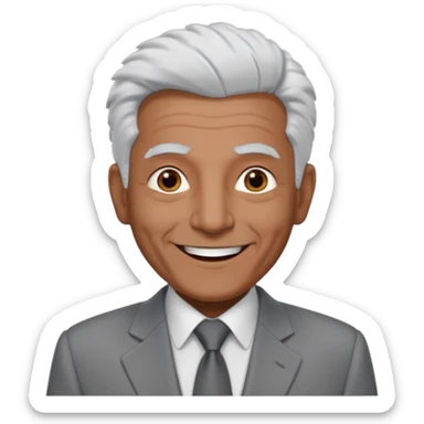70 yr old man, very short spike white hair, pakistani, light grey business suit, big smile, dark skin, no facial hair, less hair
 sticker