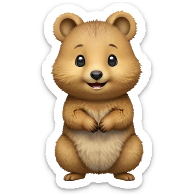 cinematic-realistic quokka-emoji,-small-round-frame-balanced-on-tiny-strong-hind-legs, head tilted in an endearing manner, comical smil, giant-fluffy-cheeks-large-smile-fluffy-brown-fur-radiating-a-warm-softness,-big-round-eyes-filled-with-joy, realistic fluffy zoomed in sticker