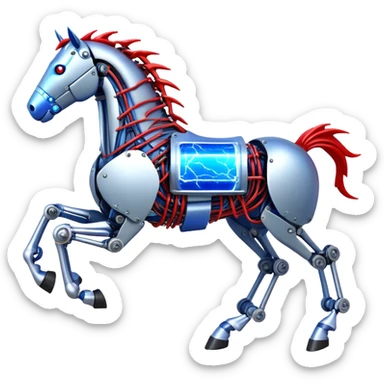 fast electric horse made of electricity, metal plates, bolts, visible blue and red wires, lightning coursing through its body, mechanical hooves sticker