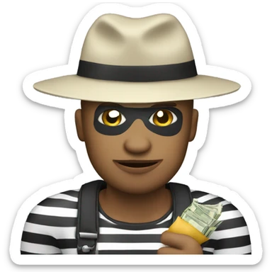 Thief with black and white stripes shirt wearing a hat holding a money bag sticker
