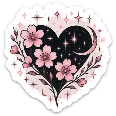 goth sakura heart, celestial theme, black heart with pink sakura and stars, mystical and romantic sticker