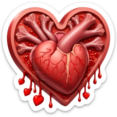 Glowing pieces of red meat and liver floating around a bright red heart and shining blood cells. Red energy streams connect the meats to the blood and heart, showing how heme iron creates vitality and supports circulation throughout the body. sticker