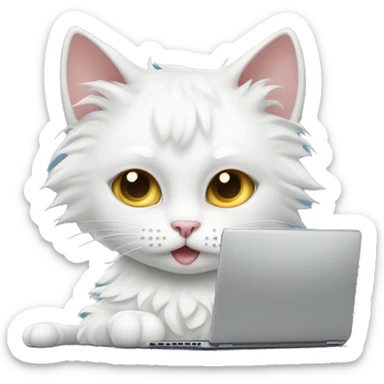 White curly cat sits next to laptop. She looks like working, but her face expression is puzzled, as she doesn’t understand what she has to do  sticker