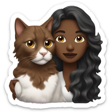 long wavy haired brown skin woman holding black and white cat sticker