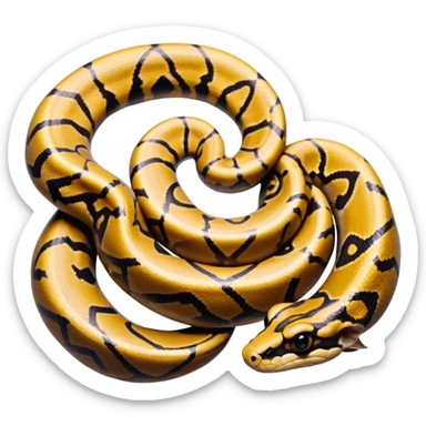 A photo-realistic top-down view of a Ball Python gently coiled into a tight spiral, with its head resting peacefully at the center. Its scales are warm brown with bold, irregular black markings, including the distinctive “alien-head” pattern, flowing smoothly along its body.  sticker