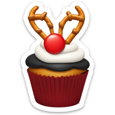 Black and red cupcake with pretzel antlers at the top with one cupcake  sticker