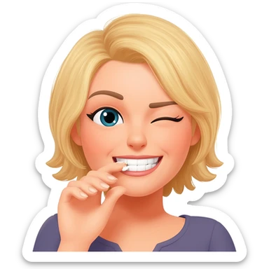 A blonde girl in her 30’s emoji biting their nail while smirking/flirting and wink with one eye sticker