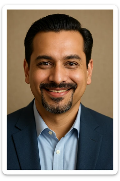 A 40-year-old Indian man, fair complexion, slick French goatee, and a pleasant, trustworthy smile that makes people feel good. sticker