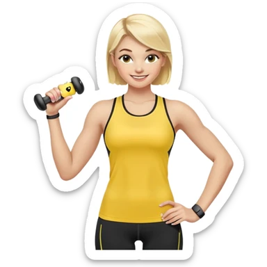 Sporty blonde woman in yellow top and black leggings, showing bicep, smiling, with wireless earbud and Apple Watch sticker