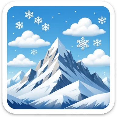 Create an emoji featuring snowy mountain peaks under a clear blue sky. Add a few snowflakes falling and soft white clouds. Use cool tones like white, light blue, and gray for a crisp, wintery aesthetic sticker