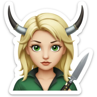 Emoji femme blonde cheveux blond, yeux vert avec de long cils noir qui a des cornes et tiens un couteau  sticker