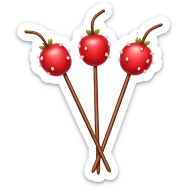 Northeast China candied hawthorn sticks tanghulu bright red fruits on skewer, simplified emoji style with bold outlines and bright colors, cartoon style sugar-coated berries sticker