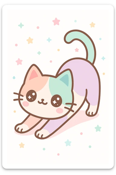 Create a cute pastel cat with big eyes, stretching pose, in kawaii style, suitable for Redbubble products. sticker