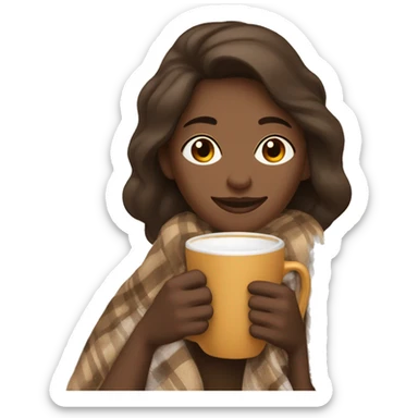 a woman covered with a cozy beige/brown plaid blanket drinking a cup of a warm drink/coffee/hot chocolate  sticker