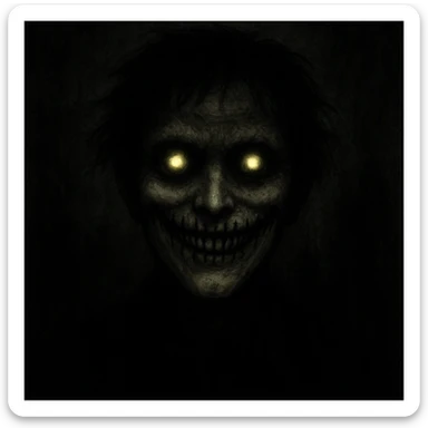 scary happy face, stitched mouth, glowing eyes, eerie expression, shadowy background, haunting and mysterious mood sticker