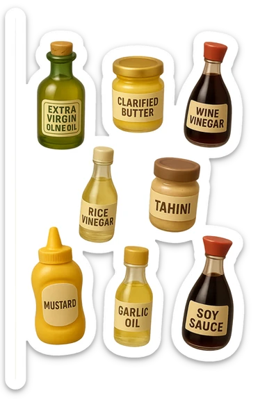 emoji stile iphone 3d di questi elementi che fluttuano in aria sparsi casualmente:

Olio extravergine d’oliva, burro chiarificato
Olio all’aglio (senza pezzetti)
Aceto di vino, aceto di riso, senape, tahin
Salsa di soia fermentata (senza aglio/cipolla)


 che fluttuano sparse casualmente in aria, iperealistico 4k sticker