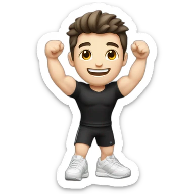 Joyful Celebrating victory Pale skinned Fit Man With the biceps and dark brown hair in black shirt, gray sports shorts and white Sneakers sticker
