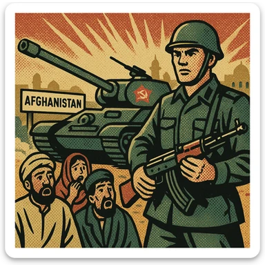 Soviet tanks with the communist party badge on the side invading Afghanistan in 1979. One Soviet soldier is standing with a machine gun. The background shows a middle eastern country with Afghan people in shock. There is a sign saying Afghanistan in the background sticker