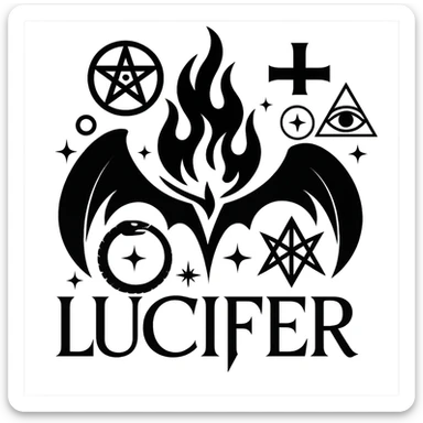 Add more occult symbols to Lucifer's emblem, keeping it dramatic, dark, and mystical, with a stylized flame or fallen angel motif. The emblem should have a transparent background. sticker