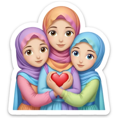 Four sister hugs Turkish girls beautiful finish Konya brown blue eyes with raimbow pastel hijab and heart dress and hugs  sticker