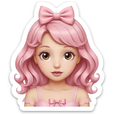 “Emoji girl, doe eyes, long fluttery lashes, soft pink blush, glossy rose lips, ribbon hair bow, romantic curls, wearing pastel pink lace top.” sticker