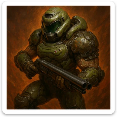 The Doomslayer, heavily armored space marine with a green helmet and suit, holding a shotgun, inspired by Doom Eternal, in a dynamic pose, detailed and intense sticker