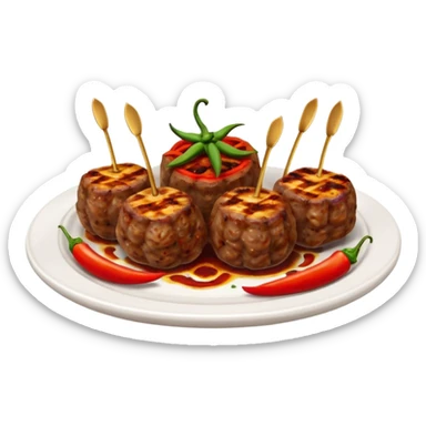 Akçaabat meatballs object icon, grilled Turkish kofte pieces on a plate, smoky char marks, juicy texture, served with grilled peppers and tomatoes, 3D cartoon, mobile game icon style, centered, clean background, no text, no watermark
 sticker