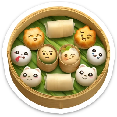 Assorted dim sum in a bamboo steamer sticker