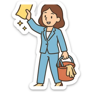 flat toon style light-skinned woman in a light blue suit cleaning sticker