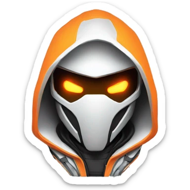  developer behind his laptop with this style : crysis Cyberpunk Valorant orange glowing bright orange character orange black hooded assassin themed character sticker