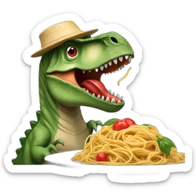 dinosaur with a red straw hat eating a plate of spaghetti with an italy flag planted on it sticker