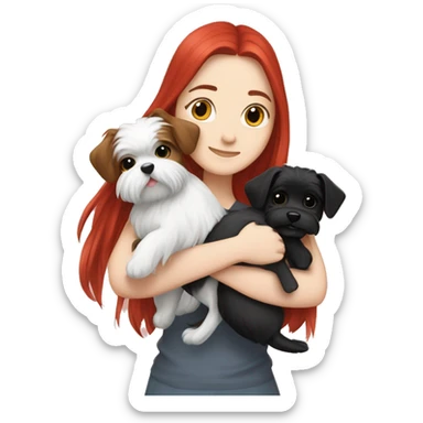 Long-red-haired-girl-hugging-her-black-and-white-Maltese-dogs sticker