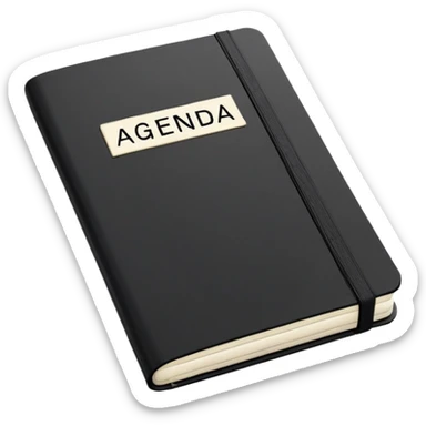 A professional-looking black Moleskine notebook opened flat showing a page with 'AGENDA' written at the top and a neat list of bullet points for meeting items sticker